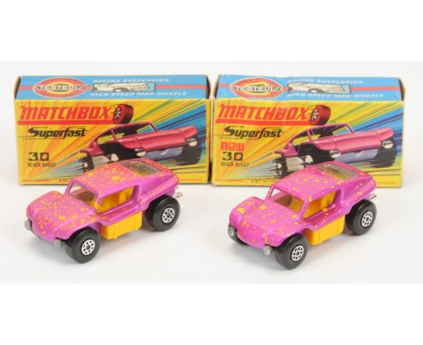 Matchbox Superfast 30b Beach Buggy pair - metallic candy pink body with medium yellow splatter, clear windows, dark yellow in