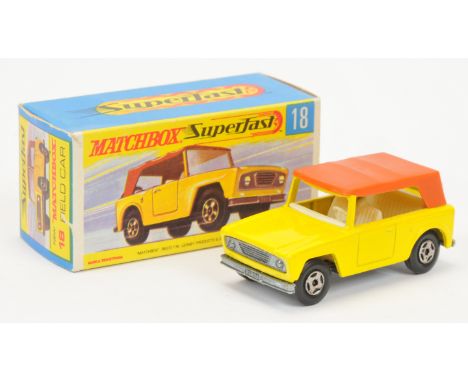 Matchbox Superfast 18a Field Car - lemon yellow body with cast open roof cross, burnt sienna plastic roof, ivory interior wit