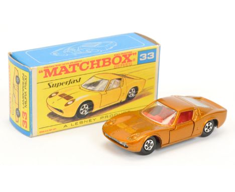 Matchbox Superfast 33a Lamborghini Miura - RARE METALLIC BRONZE BODY, red interior, bare metal base, solid 5-spoke narrow whe