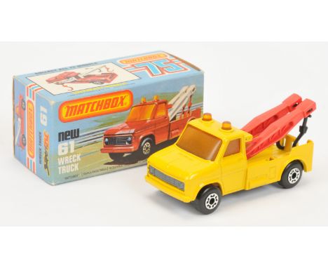 Matchbox Superfast 61b Ford A-Series Wreck Truck - yellow body, amber windows, red jibs with black hooks, rare bare metal bas