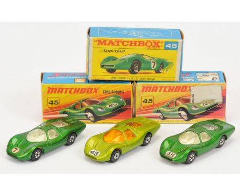 Matchbox Superfast 45a Ford Group 6 group (1) metallic dark green body with circular racing number 7 nose label, clear window