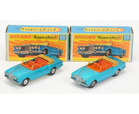 Matchbox Superfast 69a Rolls Royce Silver Shadow Convertible pair (1) metallic blue body with tan plastic folded hood, light 