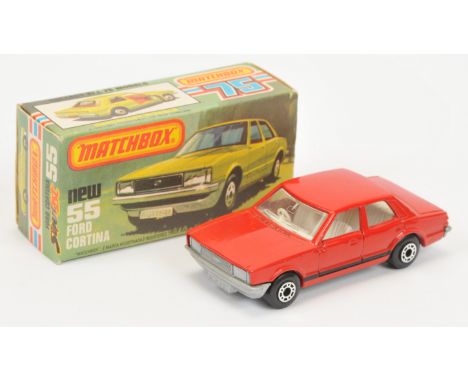 Matchbox Superfast 55d Ford Cortina - Twin pack issue - red body with cast shut doors, black stripe tampo print, clear window