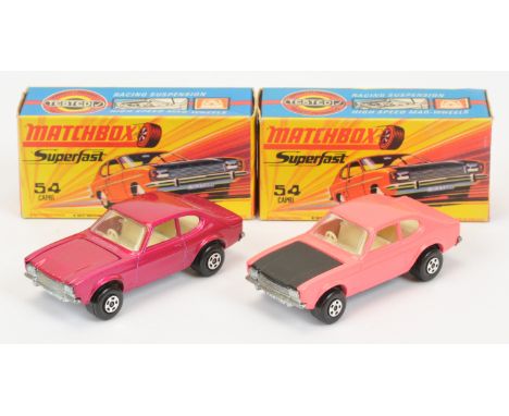 Matchbox Superfast 54b Ford Capri pair (1) dayglo pink body with matt black hood, clear windows, ivory interior, bare metal b