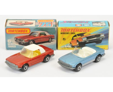 Matchbox Superfast 6b Mercedes 350SL pair (1) dark metallic bronze body with white hood, clear windscreen, pale yellow interi