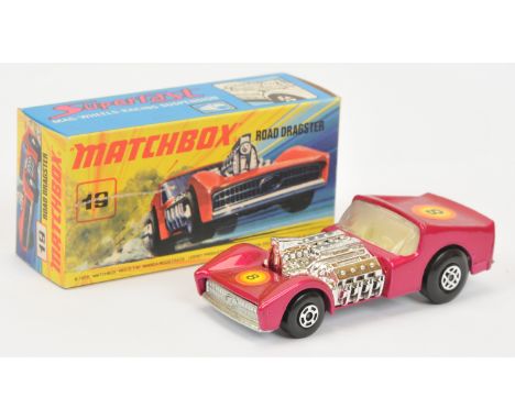 Matchbox Superfast 19b Road Dragster - metallic magenta body with vertical racing number 8 labels, clear windows, ivory inter