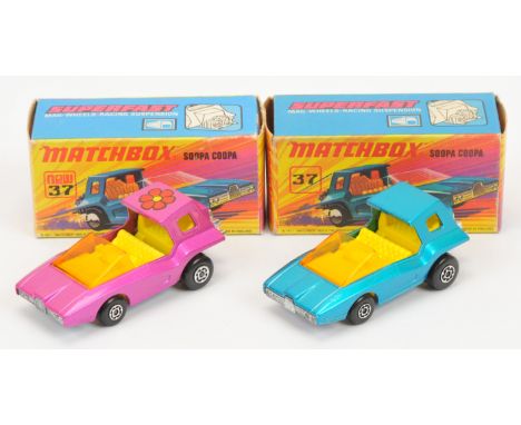 Matchbox Superfast 37b Soopa Coopa pair&nbsp; (1) metallic blue body, lemon yellow interior, dark amber windscreen, bare meta