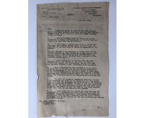 [RAF, Dunkirk, Battle of Britain] A period document of considerable historical import, being a typewritten letter from Air Ch