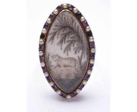 A Georgian yellow-metal memento mori / mourning ring, the navette shaped face inset with a penwork and hairwork vignette depi
