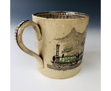 A mid 19th century Staffordshire pottery railway pattern mug, decorated in the round with a transfer-printed and hand-tinted 