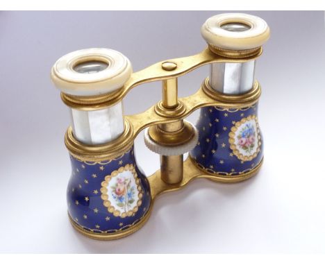 A pair of late 19th / early 20th century mother-of pearl and lacquered brass opera glasses, having hand-enamelled and jewelle