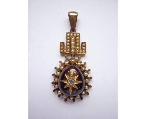 A Victorian diamond, garnet and pearl pendant of antique influence, having a pivoting Greek key suspender channel set with se