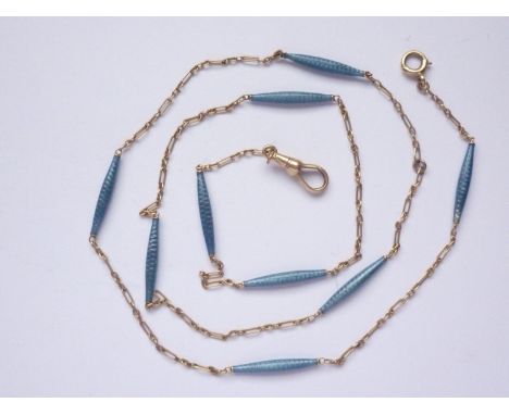 A Belle Epoque period delicate yellow-metal and cornflower blue guilloche-enamelled neck chain, having fine curb and fetter l