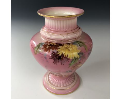 A Victorian Royal Worcester shouldered vase, hand-enamelled in depiction of strawflowers over a pink ground, shape No 1727, 1