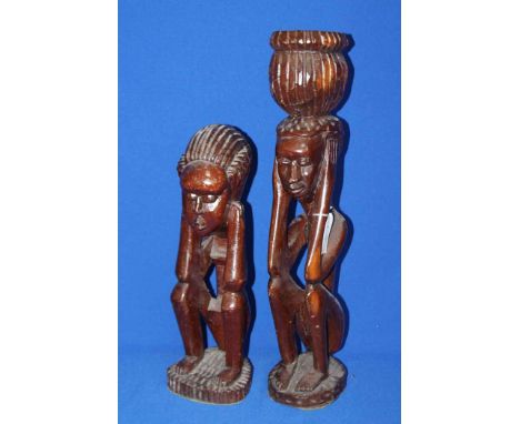 TWO AFRICAN WOODEN FIGURES AND A LAMP