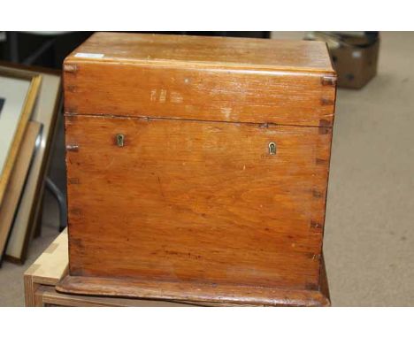 VINTAGE ENGINEERING TOOLS WOODEN CARRY BOX
with original brass label inside; together with a set of fold out library chairs