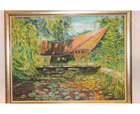 JAMES ALEXANDER WOOD (SCOTTISH b.1931),
THE MODERN PAVILLION OVER THE LILY POND
oil on canvas, signed and dated 1999
75cm x 9
