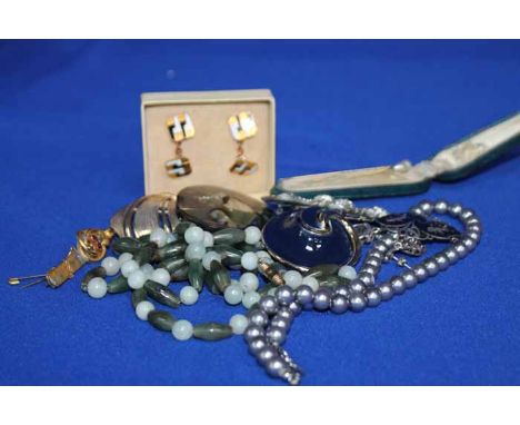 TWO STICK PINS
each with single pearl and a small group of bijouterie including a jade bead necklace, brooches and cufflinks