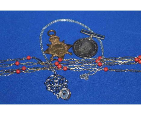 TWO WORLD WAR I MEDALS
1914-15 and 1914-1918, both named 16438 Pte D MacDonald R Scots; along with two costume jewellery neck