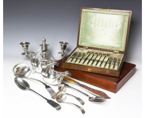 A selection of plated silver to include: a pair of sauce boats with stepped hoof feet and flying scroll handles, 19.5cm, a pa
