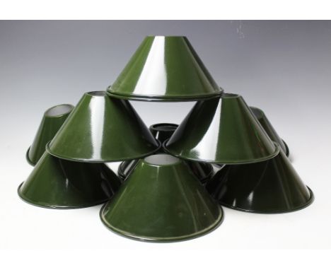 Twelve vintage style green enamel light shades, 31cm diam