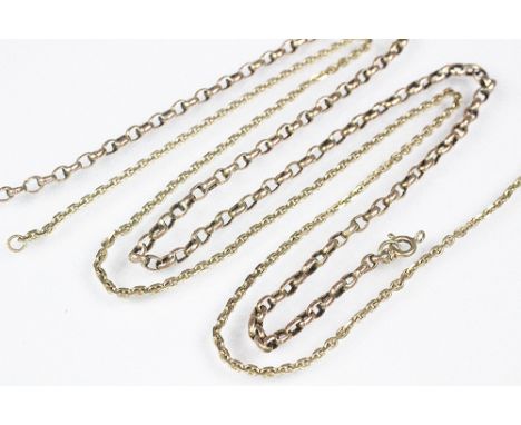 A 9ct gold decorative box link chain, weight 9gms along with a further yellow metal belcher link chain with bolt ring clasp, 