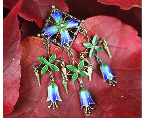 A silver and enamelled brooch/pendant by David Andersen, early 20th century, designed as an enamelled panel suspending the fo