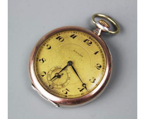 An '800' standard and gold plated pocket watch, circa 1900, the gilt dial marked 'Rajah', with black Arabic numerals, inside 