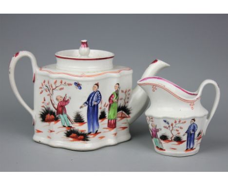 An 18th century Newhall porcelain teapot and cover and milk jug, circa 1790, Boy and the butterfly pattern, teapot 13.5cm hig