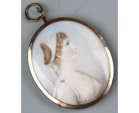 English School - early 19th century, Watercolour on Ivory, Miniature portrait of a Lady with woven hair verso, Gold coloured 