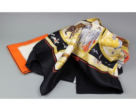 An Hermes Paris silk scarf, Auteuil en Mai desgined by Carl de Parcevaux, 90cm x 90cm, within original box and with care card