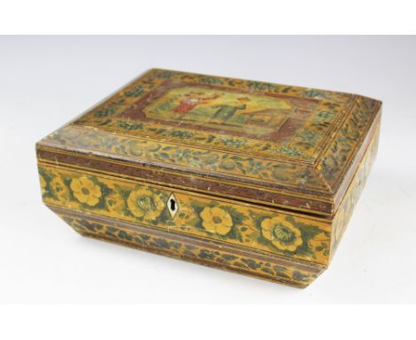 A Regency painted work box, of sarcophagus form, decorated with oriental figures in a garden, with borders of fruiting vines 