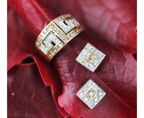 A coloured diamond set dress ring and a matched pair of stud earrings, the ring set with a Greek key design in diamonds, all 