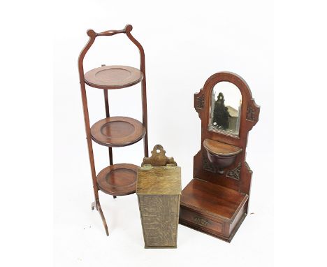 A George III oak candle box, of tapering form, 46cm H, with an Edwardian mahogany cake stand and a mahogany shelf with mirror