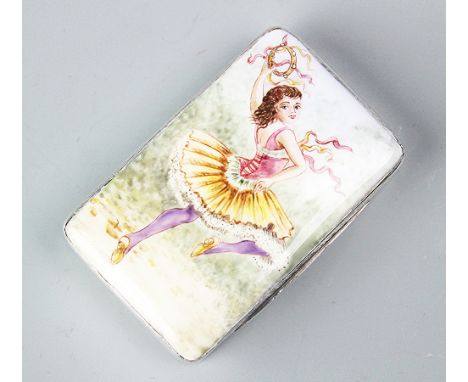 A silver enamelled snuff box, Alfred Fuller London 1887, retailed by Ortner and Houle, 3 St James's St', enamelled with a dan