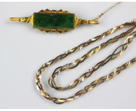 A bi-colour gold three strand woven necklace, clasp stamped '9kt' with bolt ring clasp, gross weight 5gms along with a brooch