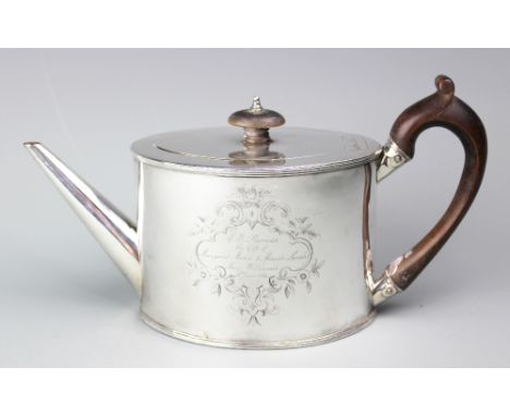 A George III silver teapot, Abraham Peterson, London 1791, of simple plain polished shape, later engraved to one side within 