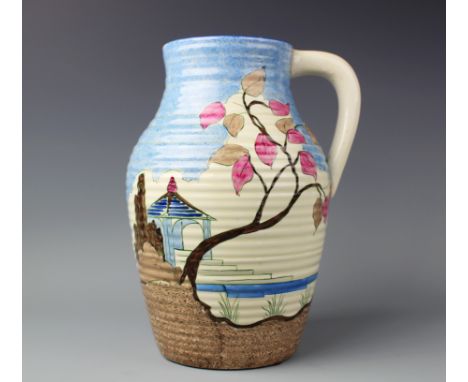 A large Clarice Cliff 'Blue Japan' pattern handled lotus jug, 29cm high  CONDITION REPORT: No obvious chips, cracks or restor