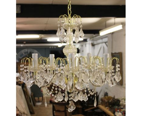 A Regency style five branch chandelier, with faceted baluster glass centre and multiple artificial drops, 60cm including drop