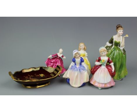 Five Royal Doulton figures, including 'Fleur' and 'Dinky Do', along with a Carlton Ware phoenix pattern dish, 17cm wide (6)