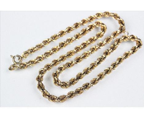 A 9ct yellow gold graduated rope twist necklace, with bolt ring clasp, weight 9.3gms, 50cm long overall