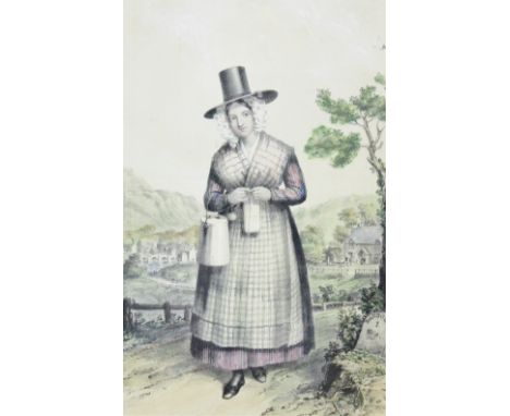 English School - 19th century, Hand coloured lithograph, Welsh Maiden on a Country Path with Llangollen, the River Dee and 16