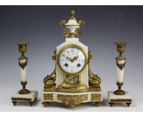 A late 19th century French gilt and alabaster mantle clock , the clock with black Arabic dial and rose garland decoration, 31