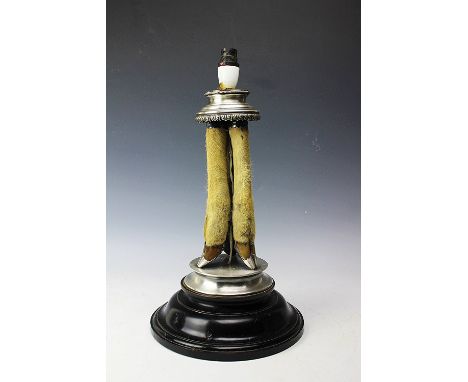 A silver plate mounted deer hoof table lamp, on ebonised circular base, 46cm CONDITION REPORT: Lighting lots are sold as deco