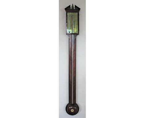 A George III stick barometer, Bertola and Binda, the mahogany case with specimen wood herringbone stringing, brass plate sign