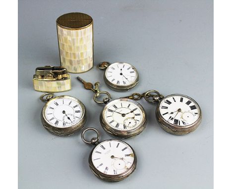 A collection of silver cased, open face pocket watches, each with white enamel dials and black Roman numerals (at fault) alon