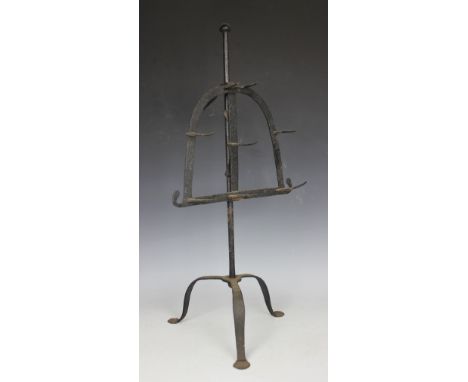A late 18th century wrought iron lark spit, on tripod base, 78cm 