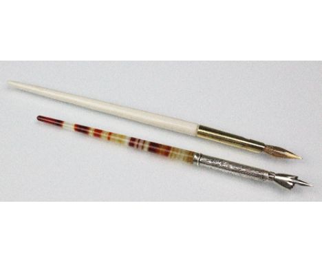 A silver mounted banded agate dip pen, Villiers and Jackson, Chester 1908 (later nib) 16.5cm overall, along with a further di