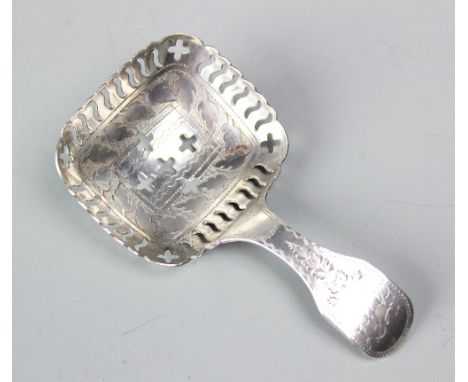 A silver caddy spoon, Cocks & Bettridge, Birmingham 1814, with bright cut handle and monogrammed terminal, later pierced bowl