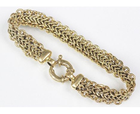 A yellow metal bracelet, the mesh bracelet with large bolt ring clasp, marked indistinctly, weight 21.4gms 
